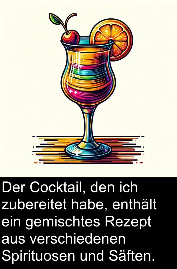 Säften: Der Cocktail, den ich zubereitet habe, enthält ein gemischtes Rezept aus verschiedenen Spirituosen und Säften.