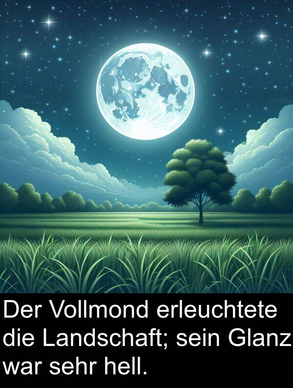 erleuchtete: Der Vollmond erleuchtete die Landschaft; sein Glanz war sehr hell.