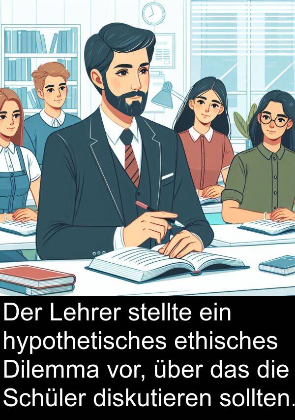 ethisches: Der Lehrer stellte ein hypothetisches ethisches Dilemma vor, über das die Schüler diskutieren sollten.