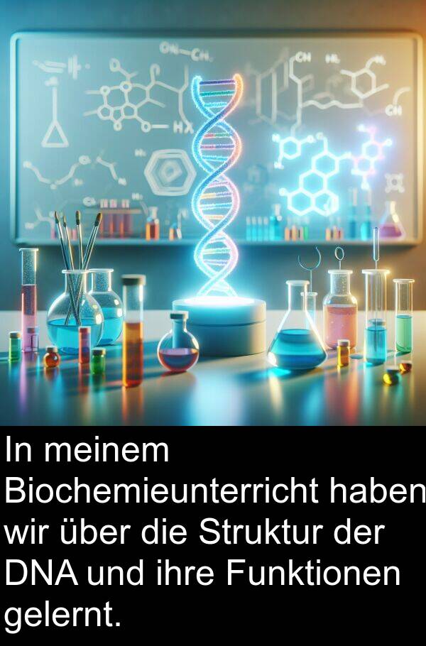 gelernt: In meinem Biochemieunterricht haben wir über die Struktur der DNA und ihre Funktionen gelernt.