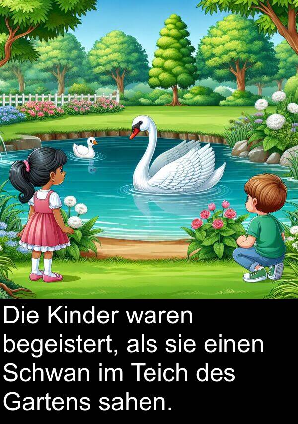 Kinder: Die Kinder waren begeistert, als sie einen Schwan im Teich des Gartens sahen.