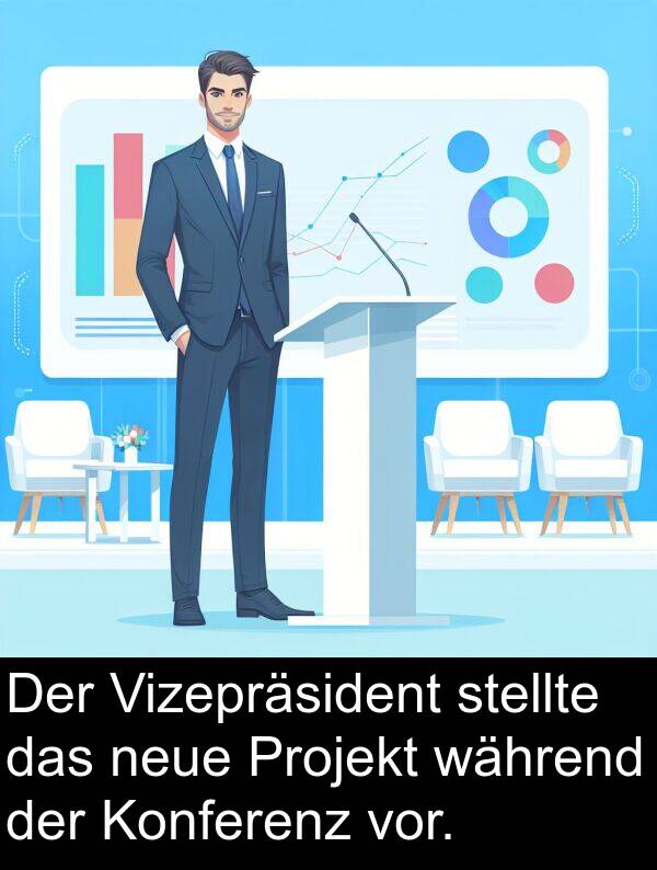 während: Der Vizepräsident stellte das neue Projekt während der Konferenz vor.