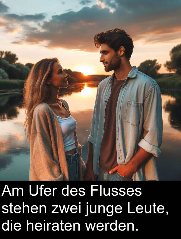 Flusses: Am Ufer des Flusses stehen zwei junge Leute, die heiraten werden.