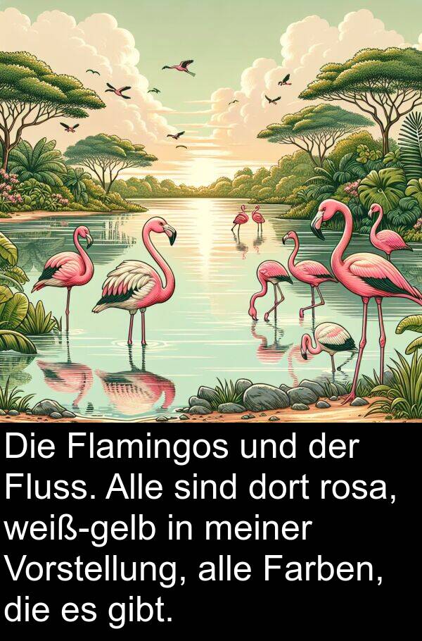 Flamingos: Die Flamingos und der Fluss. Alle sind dort rosa, weiß-gelb in meiner Vorstellung, alle Farben, die es gibt.