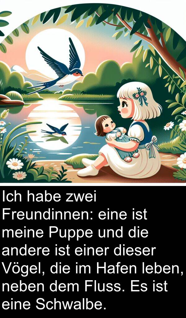 Freundinnen: Ich habe zwei Freundinnen: eine ist meine Puppe und die andere ist einer dieser Vögel, die im Hafen leben, neben dem Fluss. Es ist eine Schwalbe.