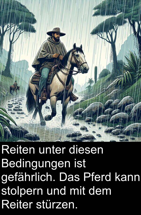 diesen: Reiten unter diesen Bedingungen ist gefährlich. Das Pferd kann stolpern und mit dem Reiter stürzen.