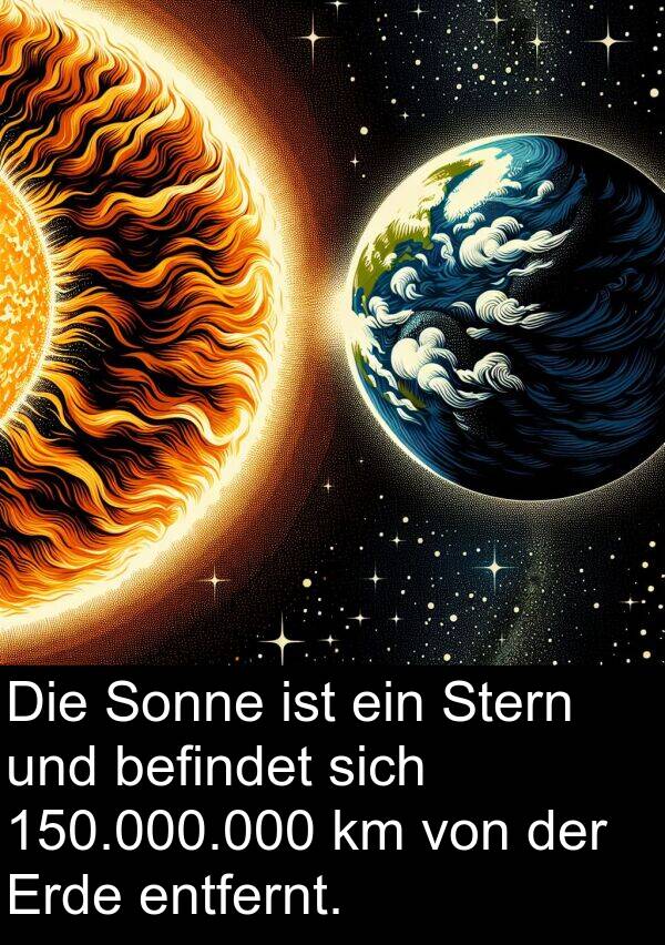 Erde: Die Sonne ist ein Stern und befindet sich 150.000.000 km von der Erde entfernt.