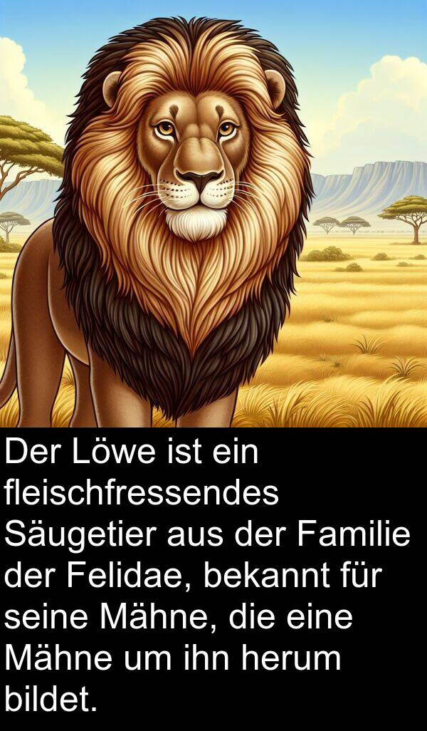 Familie: Der Löwe ist ein fleischfressendes Säugetier aus der Familie der Felidae, bekannt für seine Mähne, die eine Mähne um ihn herum bildet.