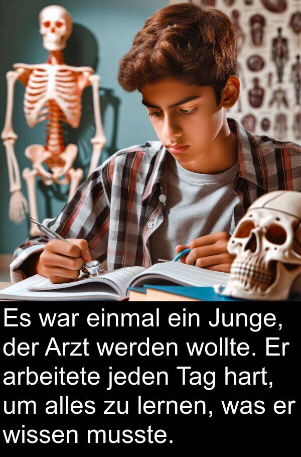 einmal: Es war einmal ein Junge, der Arzt werden wollte. Er arbeitete jeden Tag hart, um alles zu lernen, was er wissen musste.