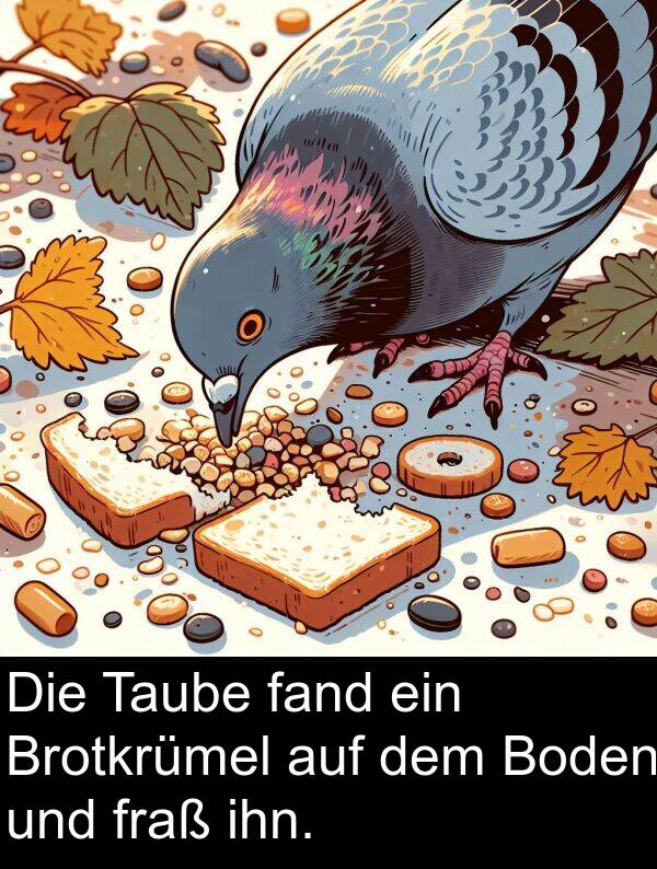 ihn: Die Taube fand ein Brotkrümel auf dem Boden und fraß ihn.