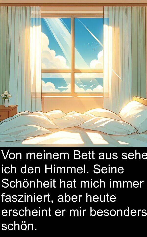 erscheint: Von meinem Bett aus sehe ich den Himmel. Seine Schönheit hat mich immer fasziniert, aber heute erscheint er mir besonders schön.