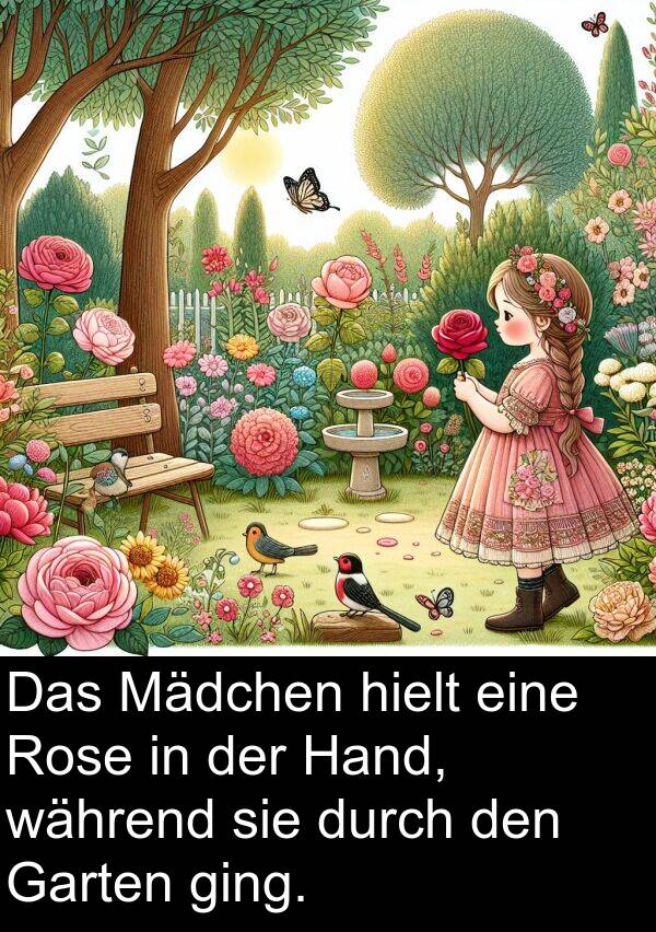 Hand: Das Mädchen hielt eine Rose in der Hand, während sie durch den Garten ging.