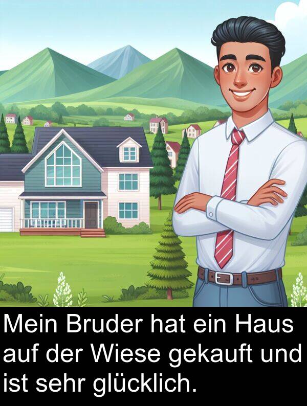 Haus: Mein Bruder hat ein Haus auf der Wiese gekauft und ist sehr glücklich.