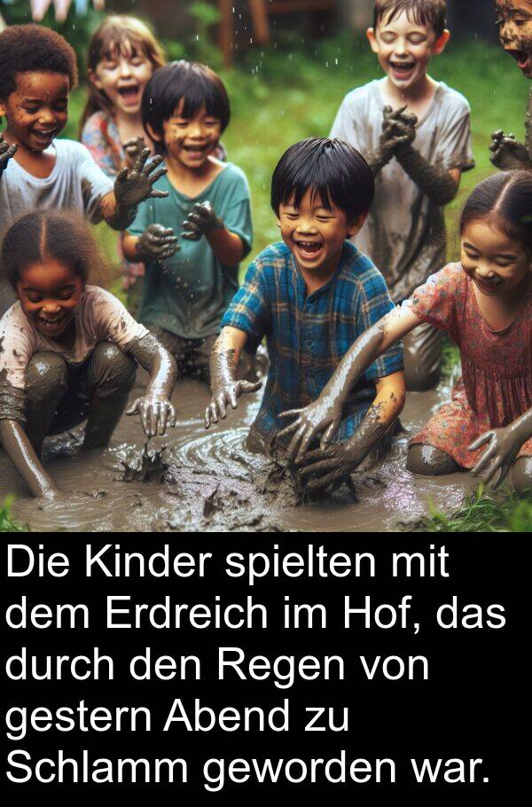 Kinder: Die Kinder spielten mit dem Erdreich im Hof, das durch den Regen von gestern Abend zu Schlamm geworden war.