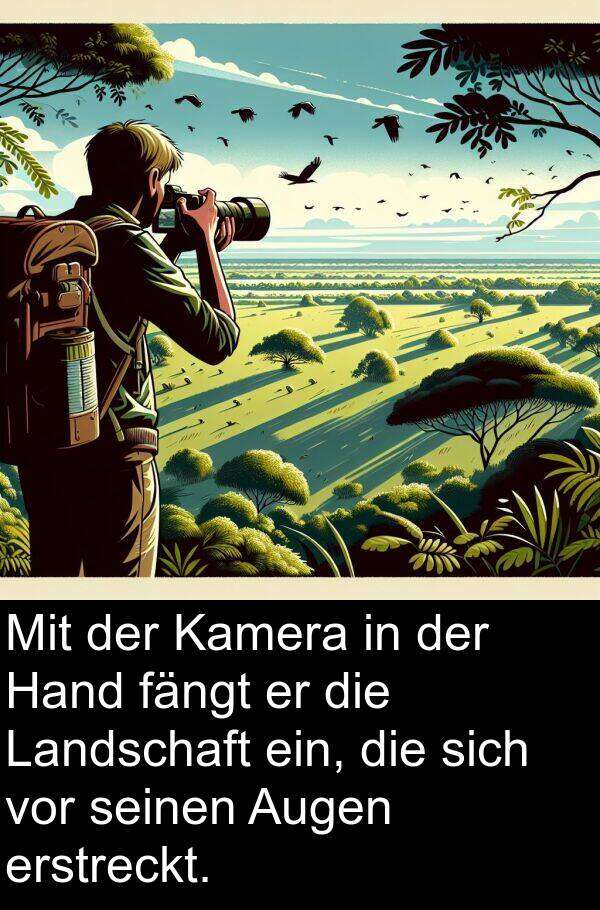 Kamera: Mit der Kamera in der Hand fängt er die Landschaft ein, die sich vor seinen Augen erstreckt.