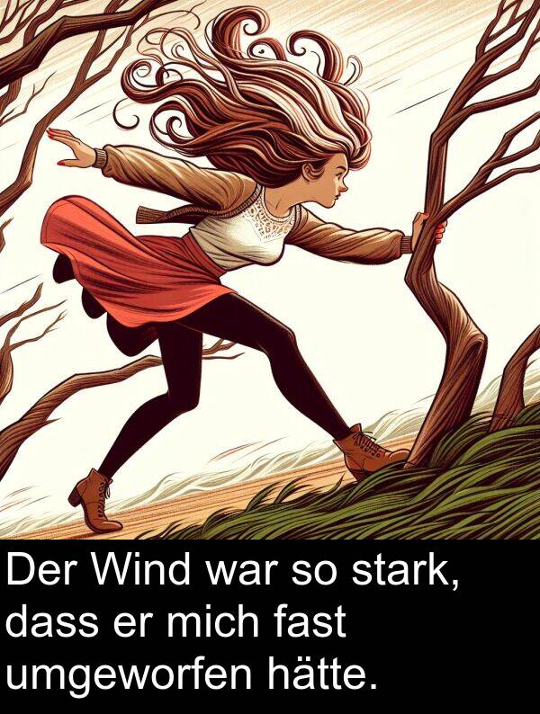 fast: Der Wind war so stark, dass er mich fast umgeworfen hätte.