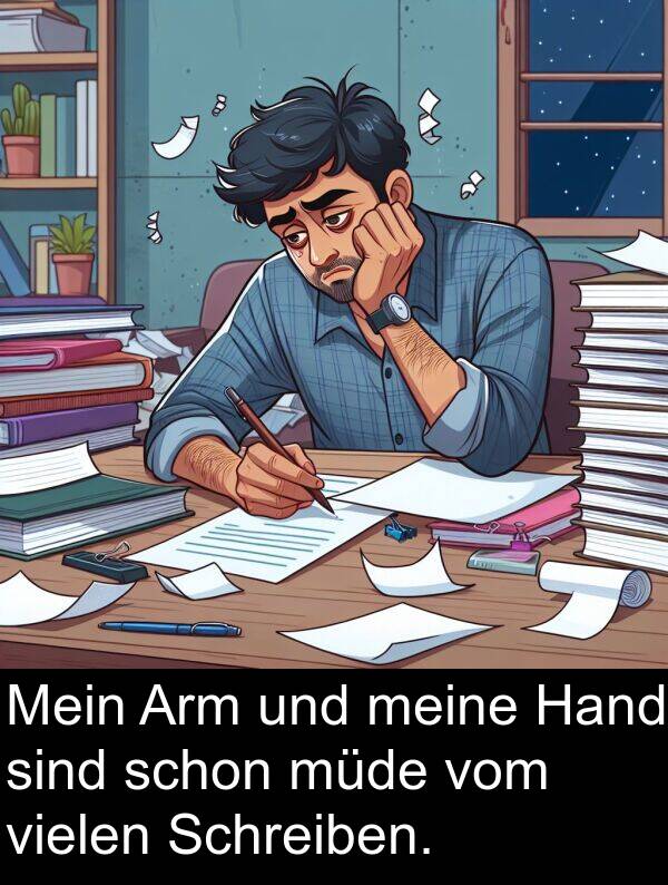 Hand: Mein Arm und meine Hand sind schon müde vom vielen Schreiben.