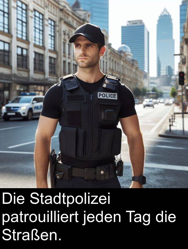 jeden: Die Stadtpolizei patrouilliert jeden Tag die Straßen.