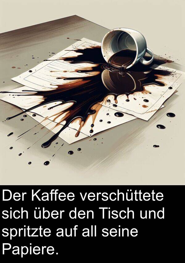 Kaffee: Der Kaffee verschüttete sich über den Tisch und spritzte auf all seine Papiere.