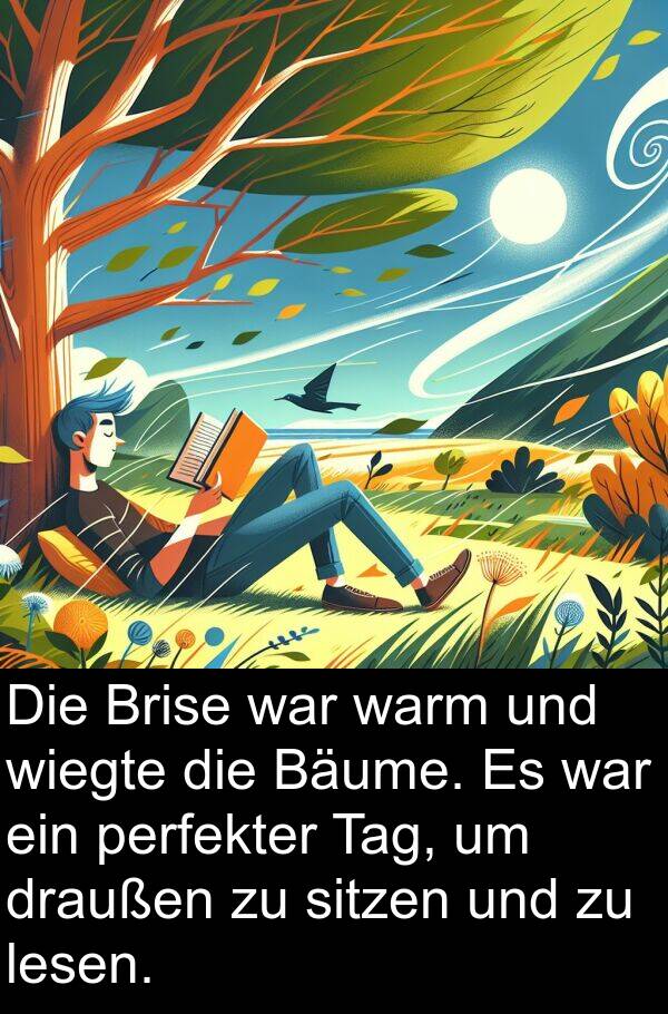 perfekter: Die Brise war warm und wiegte die Bäume. Es war ein perfekter Tag, um draußen zu sitzen und zu lesen.