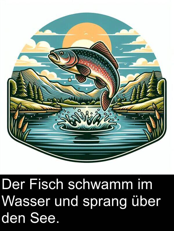 Fisch: Der Fisch schwamm im Wasser und sprang über den See.