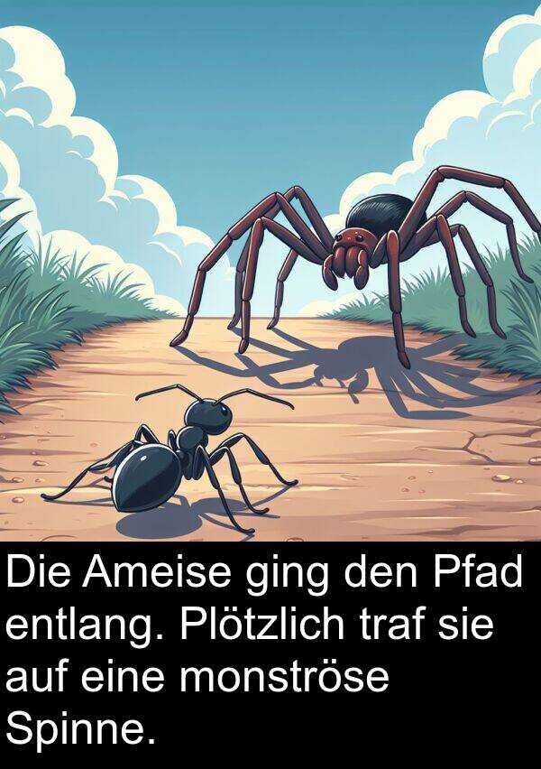 Pfad: Die Ameise ging den Pfad entlang. Plötzlich traf sie auf eine monströse Spinne.