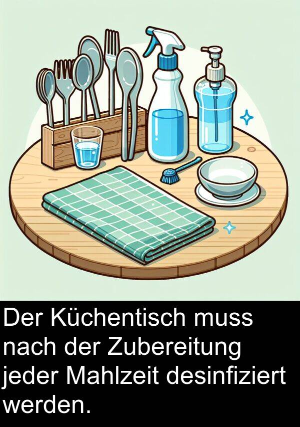 desinfiziert: Der Küchentisch muss nach der Zubereitung jeder Mahlzeit desinfiziert werden.