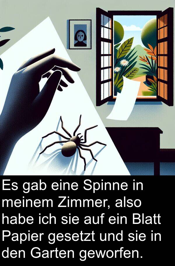 Papier: Es gab eine Spinne in meinem Zimmer, also habe ich sie auf ein Blatt Papier gesetzt und sie in den Garten geworfen.