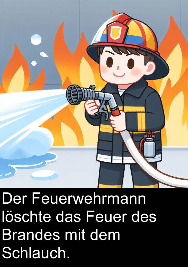 Feuerwehrmann: Der Feuerwehrmann löschte das Feuer des Brandes mit dem Schlauch.