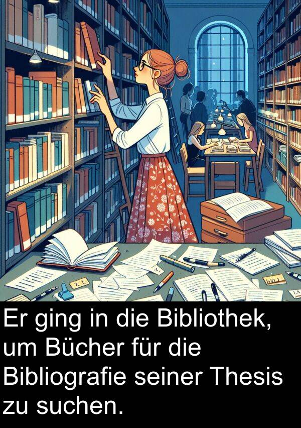 Thesis: Er ging in die Bibliothek, um Bücher für die Bibliografie seiner Thesis zu suchen.