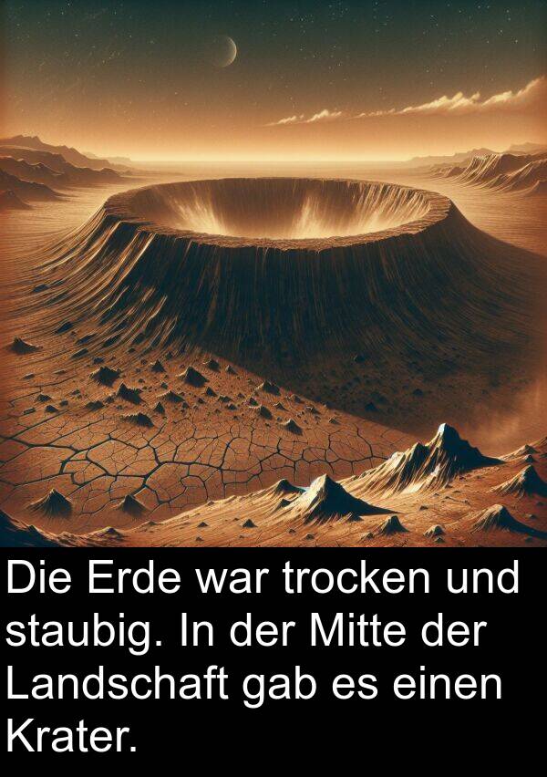 Erde: Die Erde war trocken und staubig. In der Mitte der Landschaft gab es einen Krater.