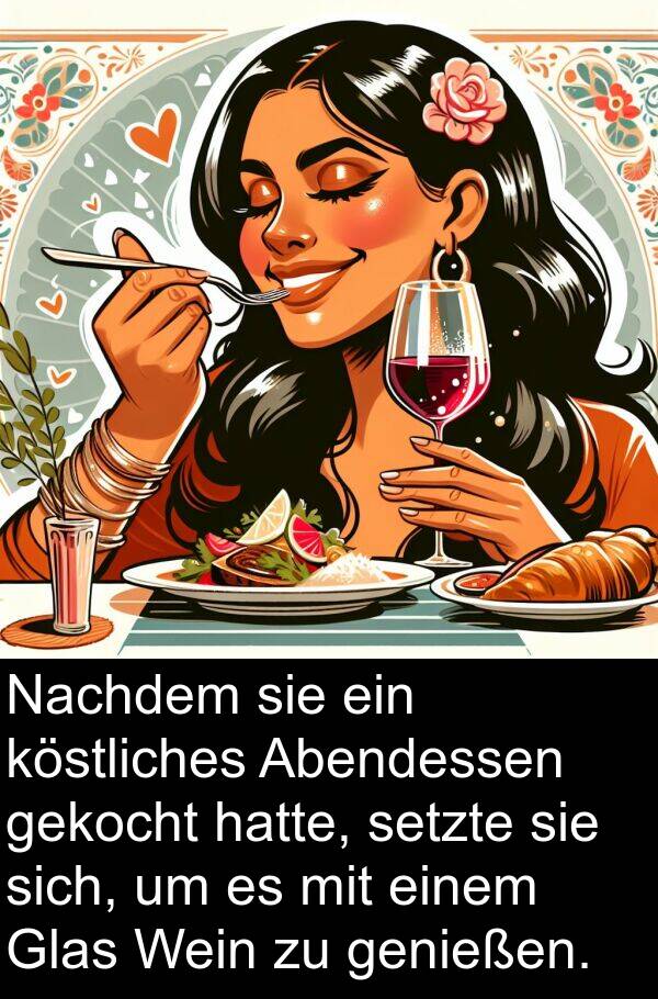 köstliches: Nachdem sie ein köstliches Abendessen gekocht hatte, setzte sie sich, um es mit einem Glas Wein zu genießen.