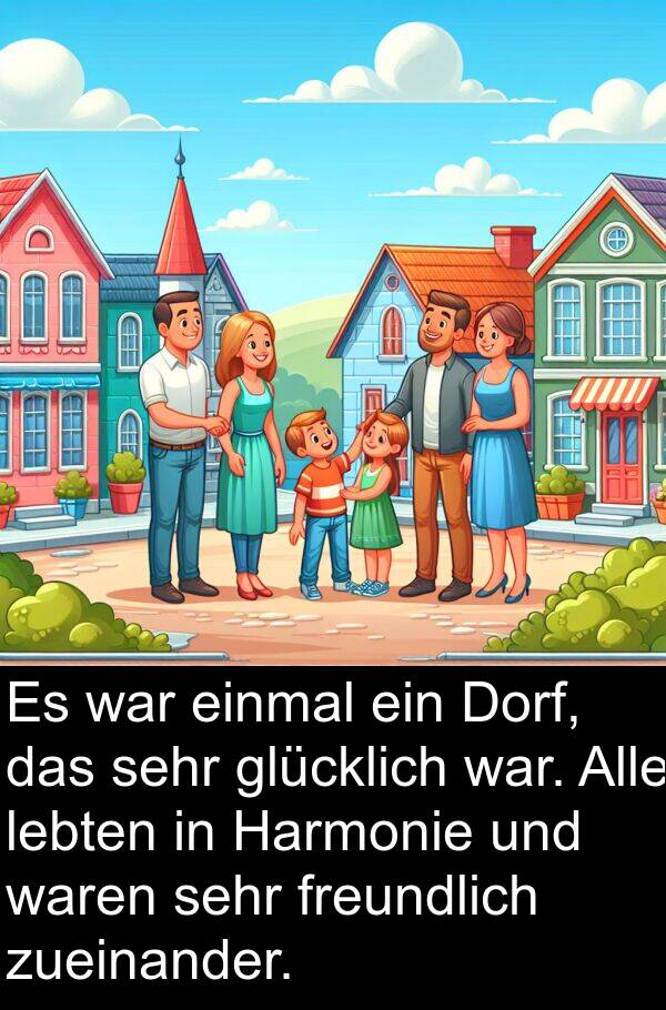 einmal: Es war einmal ein Dorf, das sehr glücklich war. Alle lebten in Harmonie und waren sehr freundlich zueinander.