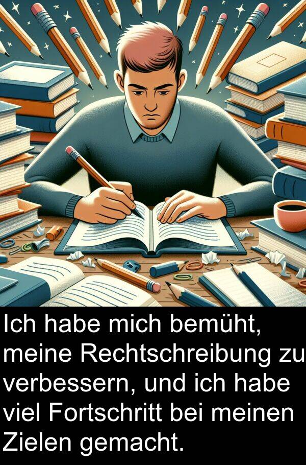 Zielen: Ich habe mich bemüht, meine Rechtschreibung zu verbessern, und ich habe viel Fortschritt bei meinen Zielen gemacht.