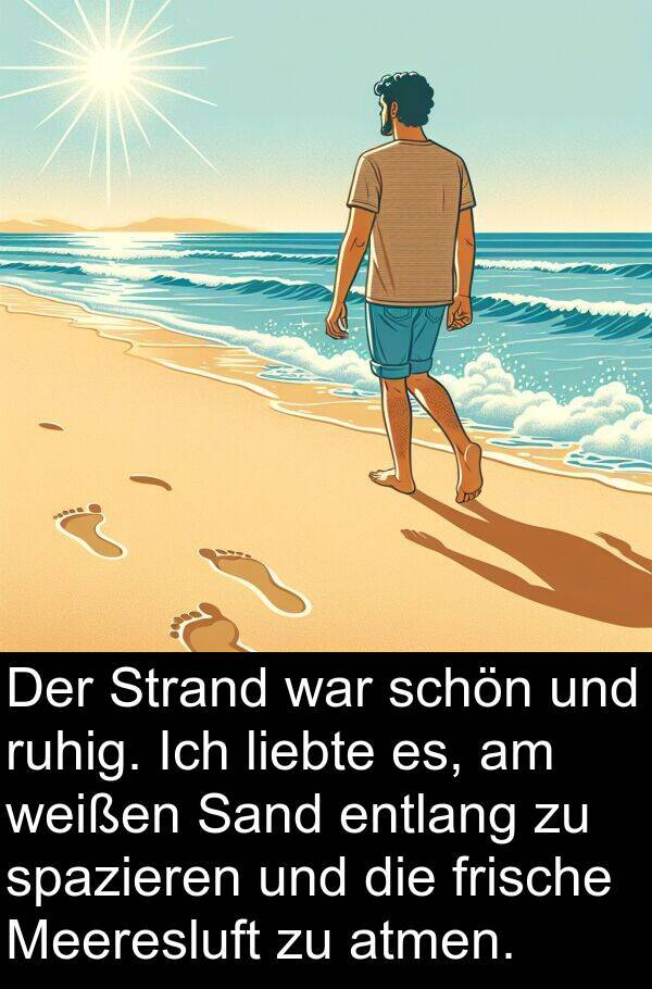 Sand: Der Strand war schön und ruhig. Ich liebte es, am weißen Sand entlang zu spazieren und die frische Meeresluft zu atmen.