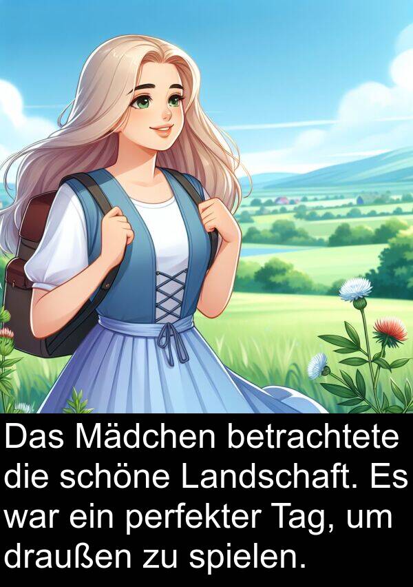 Mädchen: Das Mädchen betrachtete die schöne Landschaft. Es war ein perfekter Tag, um draußen zu spielen.