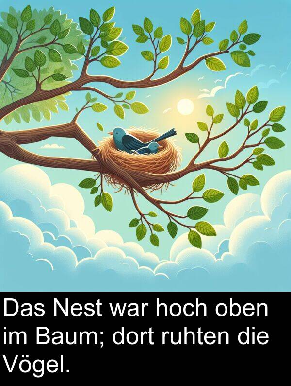 hoch: Das Nest war hoch oben im Baum; dort ruhten die Vögel.