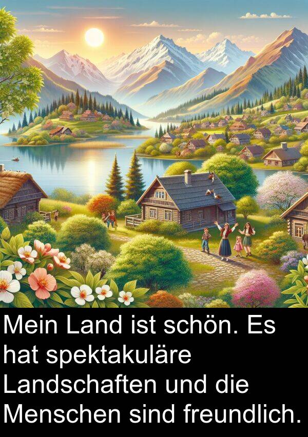 Land: Mein Land ist schön. Es hat spektakuläre Landschaften und die Menschen sind freundlich.