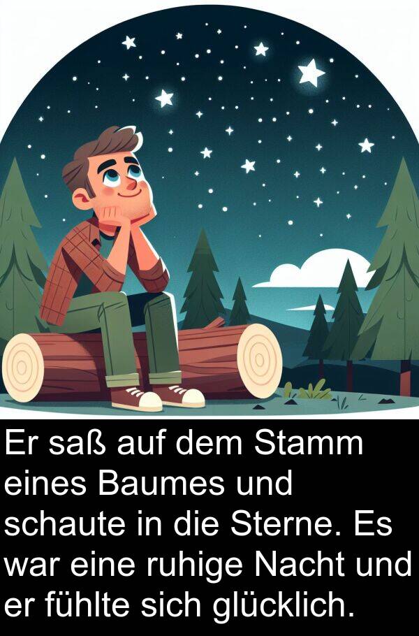 saß: Er saß auf dem Stamm eines Baumes und schaute in die Sterne. Es war eine ruhige Nacht und er fühlte sich glücklich.