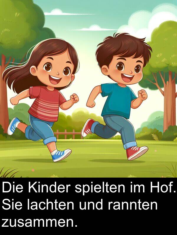 Kinder: Die Kinder spielten im Hof. Sie lachten und rannten zusammen.