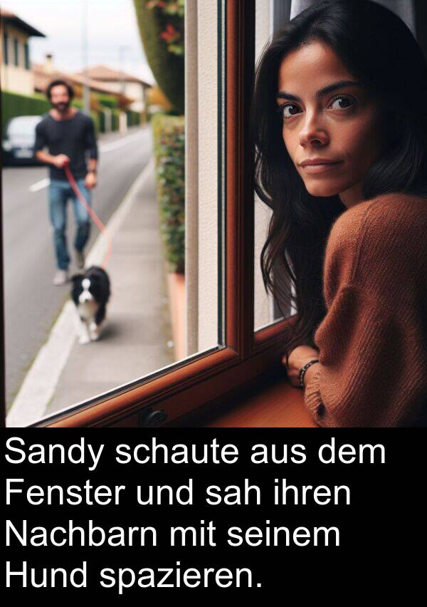 ihren: Sandy schaute aus dem Fenster und sah ihren Nachbarn mit seinem Hund spazieren.