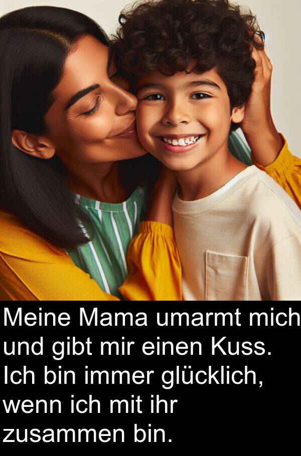 Mama: Meine Mama umarmt mich und gibt mir einen Kuss. Ich bin immer glücklich, wenn ich mit ihr zusammen bin.