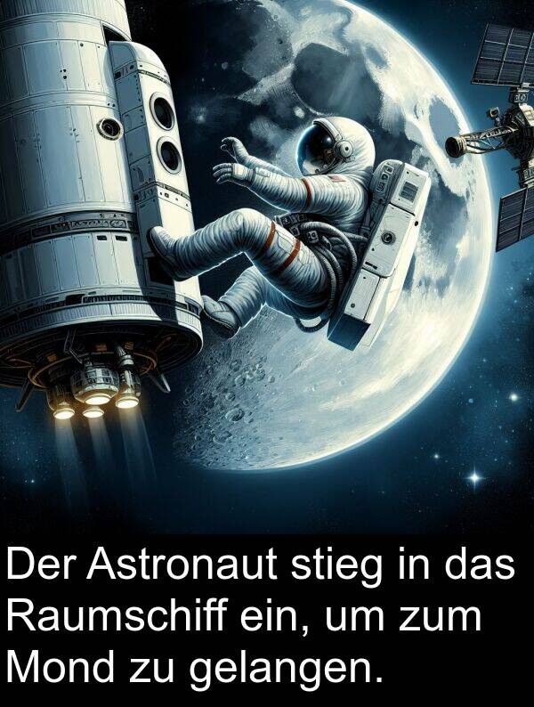 gelangen: Der Astronaut stieg in das Raumschiff ein, um zum Mond zu gelangen.