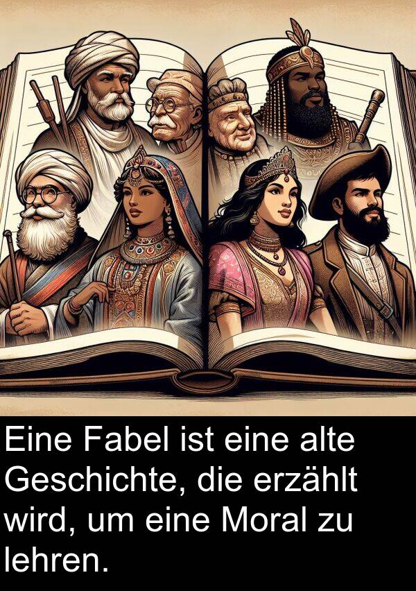 lehren: Eine Fabel ist eine alte Geschichte, die erzählt wird, um eine Moral zu lehren.