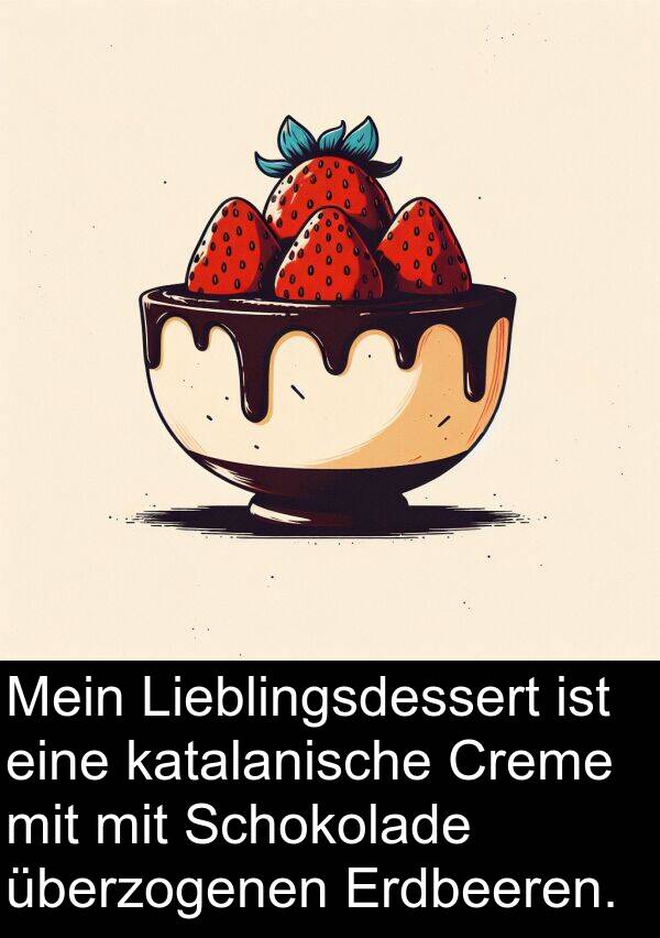 katalanische: Mein Lieblingsdessert ist eine katalanische Creme mit mit Schokolade überzogenen Erdbeeren.