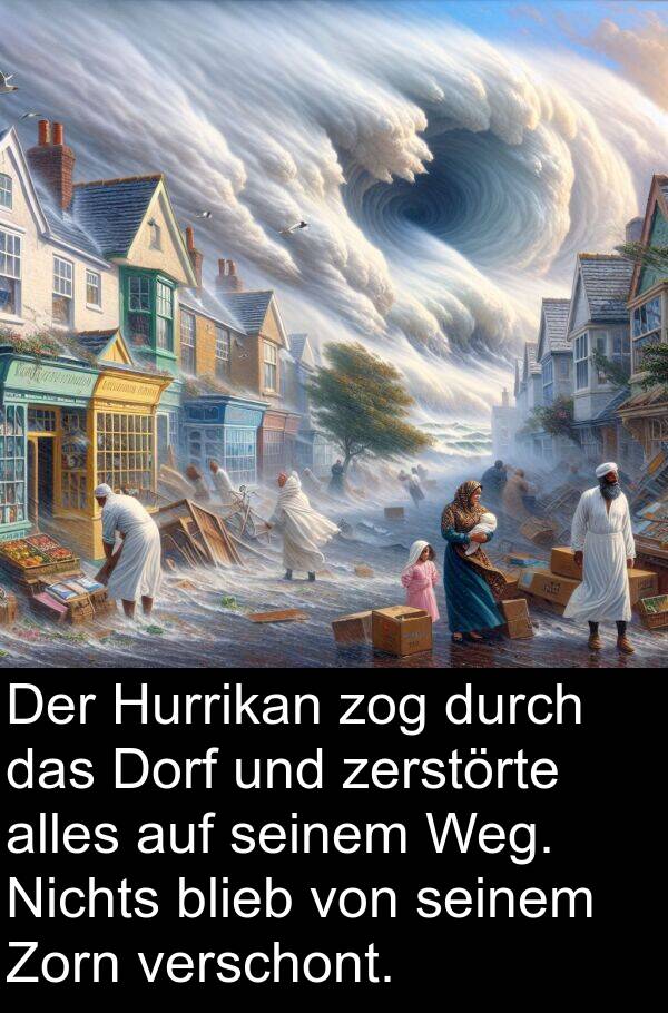 Hurrikan: Der Hurrikan zog durch das Dorf und zerstörte alles auf seinem Weg. Nichts blieb von seinem Zorn verschont.