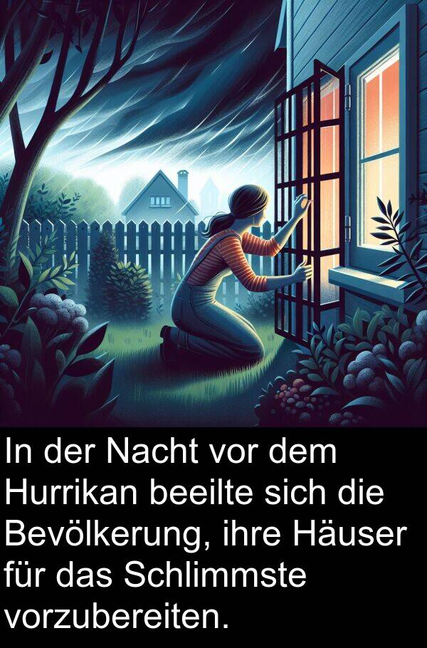 vorzubereiten: In der Nacht vor dem Hurrikan beeilte sich die Bevölkerung, ihre Häuser für das Schlimmste vorzubereiten.