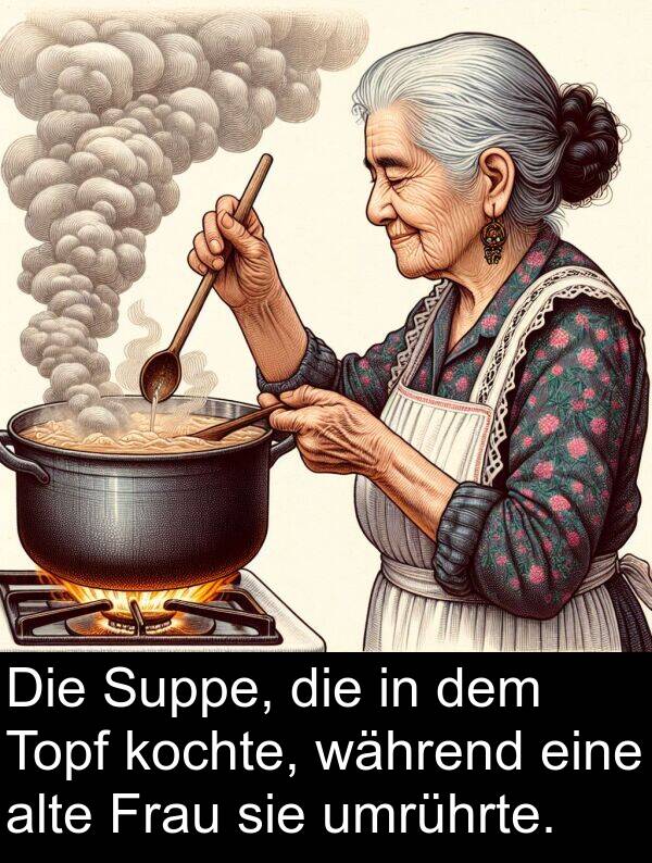 Frau: Die Suppe, die in dem Topf kochte, während eine alte Frau sie umrührte.