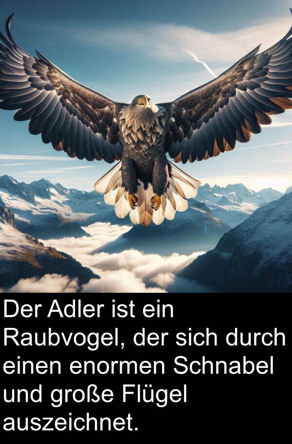 auszeichnet: Der Adler ist ein Raubvogel, der sich durch einen enormen Schnabel und große Flügel auszeichnet.