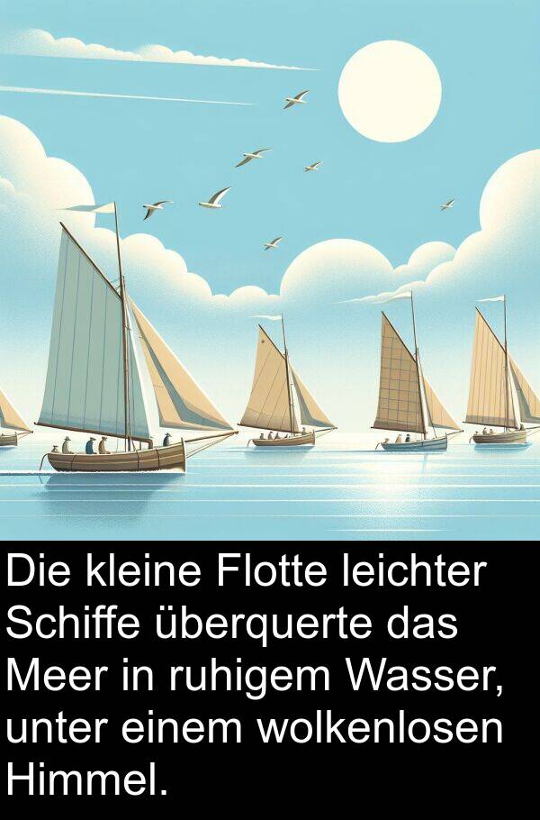 Schiffe: Die kleine Flotte leichter Schiffe überquerte das Meer in ruhigem Wasser, unter einem wolkenlosen Himmel.